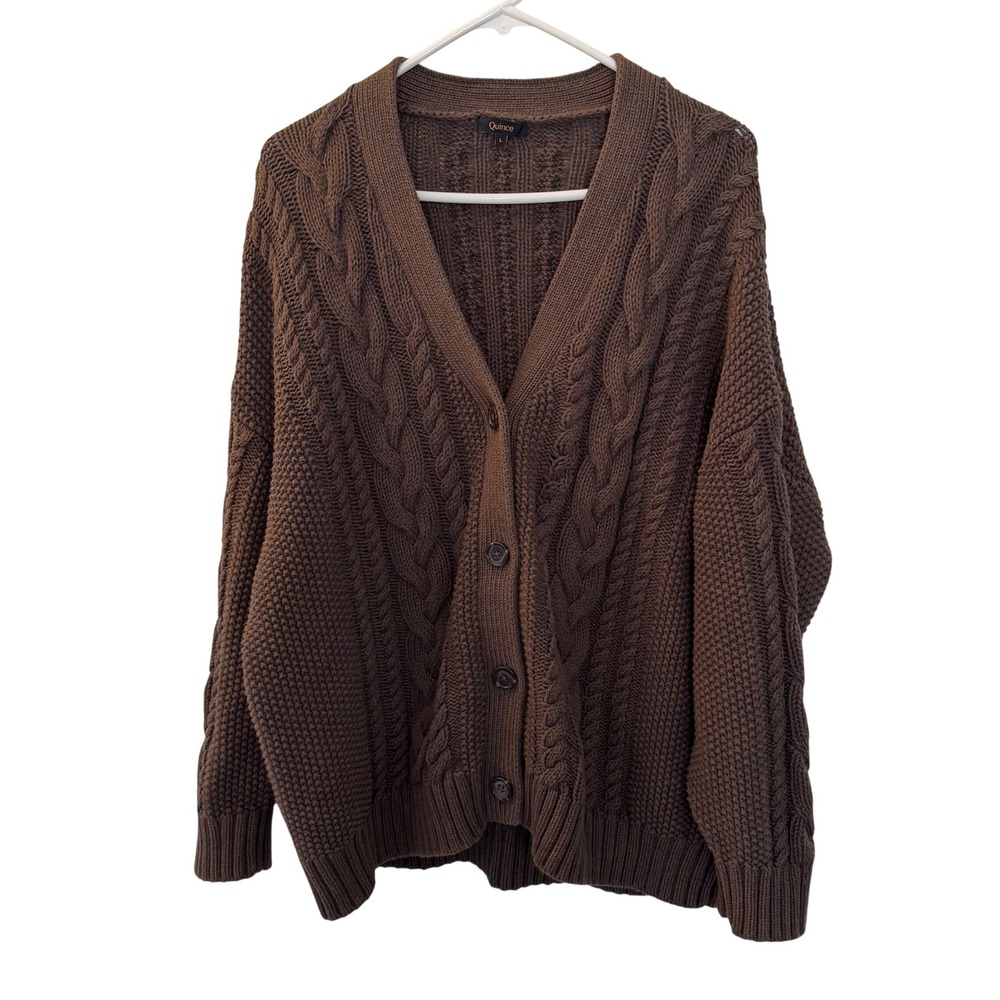 Quince 100% Organic Cotton Oversized Cable Cardigan Heather Brown Womens L